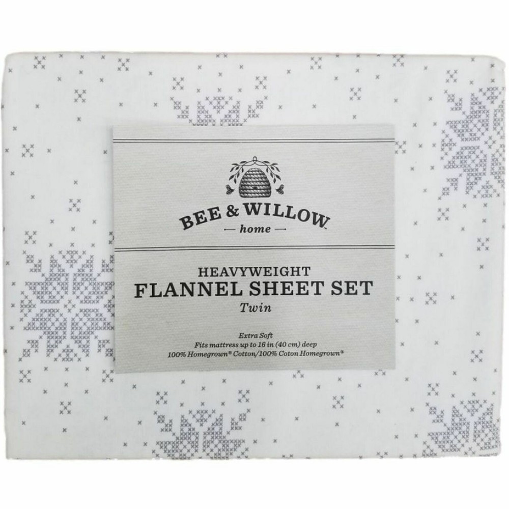 Bee & Willow TWIN Size Sheet Set Heavyweight Flannel White Gray Snowflake